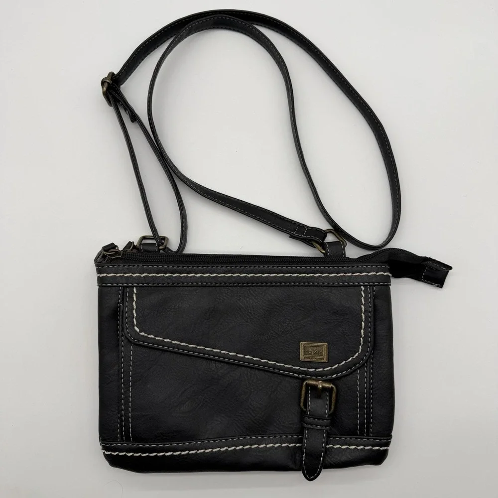 b.o.c. Faux Leather Crossbody Adjustable Strap Black White Stitching Buckle